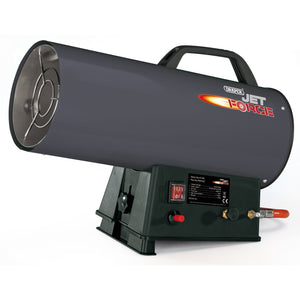 A Draper Jet Force Propane Space Heater, model PSH15C, 50,000 Btu/15 Kw featuring a gray body with a black base, handle, and control panel. It includes a red switch and dial along with a connected hose. This heater is equipped with a Piezo ignition system for quick starts and thermal overload protection for added safety.