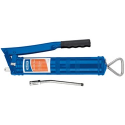 The Draper Lever Action Grease Gun, 500Cc - A7/G is a blue manual grease gun with a black handle, an orange label, and a silver flexible hose attachment that is compatible with grease gun cartridges.