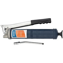 The Draper Heavy Duty Lever Grease Gun, 500cc - A4/G features a durable metal lever, a black handle, and a removable nozzle attachment. The main body is blue with an orange and white label and can accommodate a 400g cartridge for industrial applications.