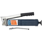 The Draper Heavy Duty Lever Grease Gun, 500cc - A4/G features a durable metal lever, a black handle, and a removable nozzle attachment. The main body is blue with an orange and white label and can accommodate a 400g cartridge for industrial applications.