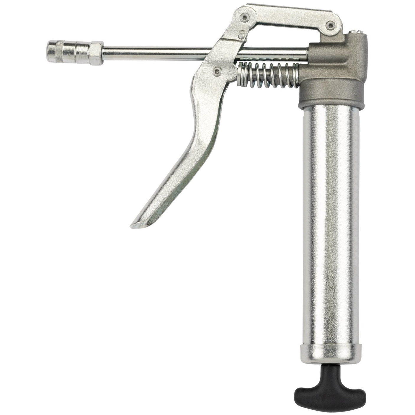 The Draper Pistol-Type Grease Gun, 130Cc - A2/G features a zinc-plated silver finish with a lever-action handle, a cylindrical body, and a black cap at the bottom.