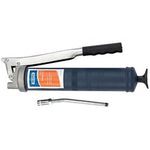 The Draper Lever Grease Gun, 500Cc - A3/G by Draper features a blue cylindrical body, a metal lever handle with a black grip, and a detachable flexible hose. This tool is equipped with a heavy-duty spring and works efficiently with grease cartridges, offering an impressive working pressure of up to 8000 psi.