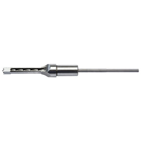Presenting the Draper Hollow Square Mortice Chisel With Bit, 3/8" - 245: a high-carbon steel woodworking chisel that features honed cutting edges, a cylindrical shank, and a hollow square blade, all showcased against a white background.