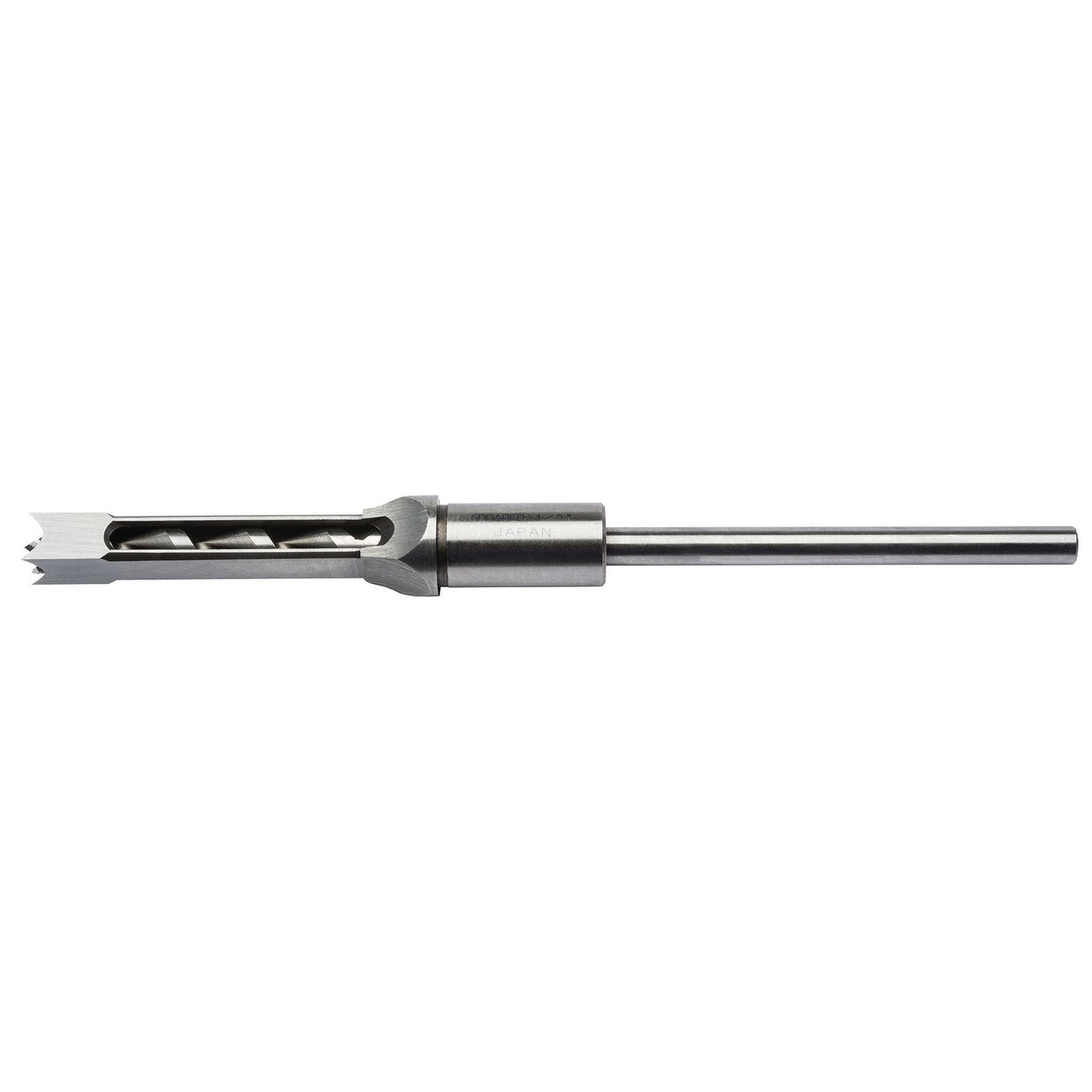 The Draper Hollow Square Mortice Chisel With Bit, 1/2" - 245 features a silver bit with a fluted section and straight shank, expertly crafted from high carbon steel. It is designed for creating precise, smooth holes in various materials.