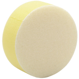 A yellow Draper Polishing Sponge, 90mm (AAT02), featuring a round shape and a flat, white surface, ideal for use with the Draper Compact Soft Grip Air Polisher.