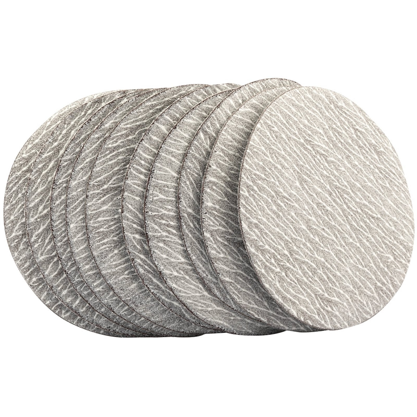 A stack of round, textured, grey Draper Aluminium Oxide Sanding Discs, 50mm, 400 grit for the Draper Compact Dual Action Soft Grip Air Sander Kit, arranged in a semi-fanned layout.