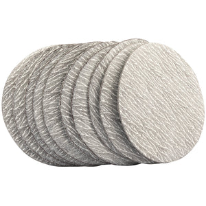 A stack of Draper Aluminium Oxide Sanding Discs, 50mm in diameter and 600 grit, featuring a zebra-like pattern on a white background, ideal for use with the Draper Compact Dual Action Soft Grip Air Sander Kit.