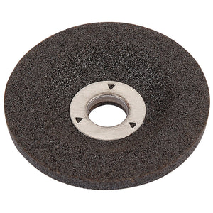 A close-up of the Draper 50 X 9.6 X 4.0mm Depressed Centre Metal Grinding Wheel Grade A80-Q-Bf - AAT11, featuring a metal center and resinoid bonded aluminium oxide construction. Designed for use with Compact Air Angle Grinders, it ensures precision and durability with a maximum working speed of 50m/sec.