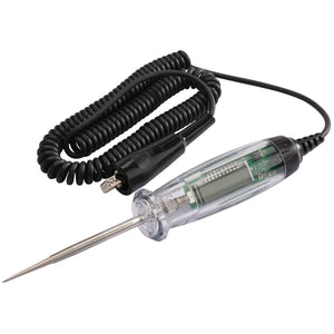 The Draper 6 - 48V Automotive Digital Circuit Tester - CTD1, featuring a clear handle, LCD digital display, coiled black cable, and metal probe tip, is ideal for precise DC system testing.