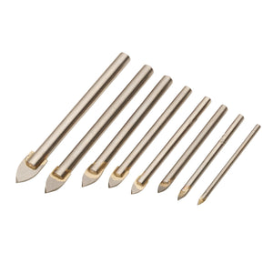 The Draper Expert Tile And Glass Drill Bit Set (8 Piece) - DBTGS2 by Draper features eight metal drill bits with diamond tips, designed for use with variable speed power drills and arranged in ascending order of size. This set is ideal for precision work on floor tiles and glass mirrors.