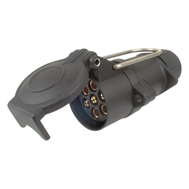 The 7 Pin Cable Fitting Trailer Socket (Female) with Weather Shield from Sparex, Part No. S.4825, features a black plastic design with a flip cover and multiple circular electric connectors inside for reliable functionality.