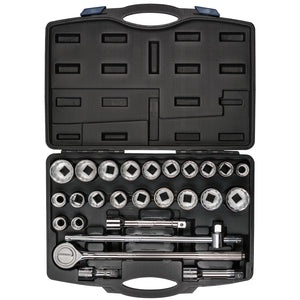 The Draper Hi-Torq® Combined mm/Af Socket Set, 3/4" Sq. Dr., Black (26 Piece) - SD26AMA/C features a black plastic case containing a set of carbon steel sockets and various-sized wrenches organized in designated compartments, along with a reversible ratchet for versatile use.