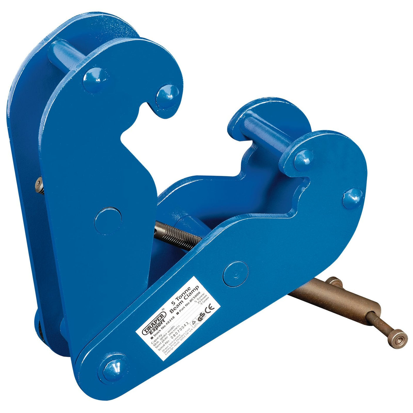 The Draper Beam Clamp, 5 Tonne - BC5000 is a blue industrial lifting clamp equipped with a tightening screw and label, designed for secure attachment to steel beams.