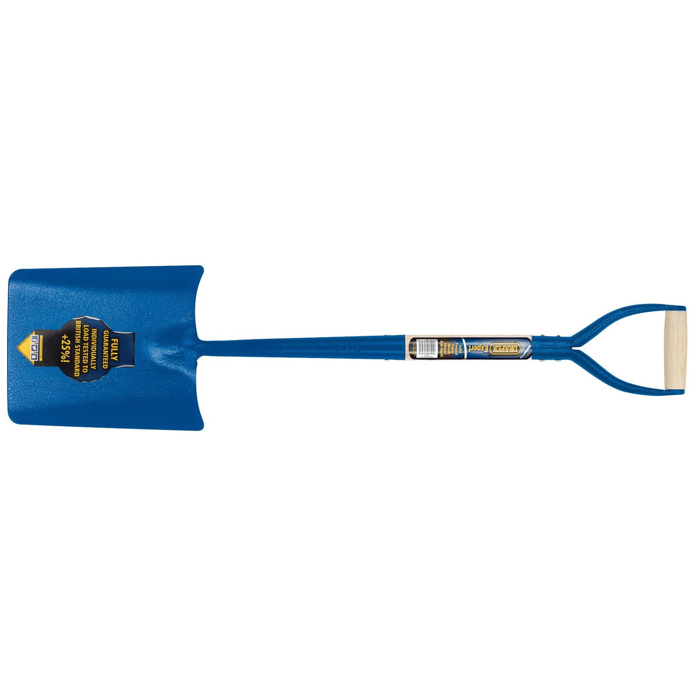 The Draper Expert Contractors Taper Mouth No.2 Shovel (TMSSS-WH/H) with an ash shaft features a blue long-handled design and a forged blade, complemented by a D-shaped grip. Labels and markings are visible on the blade and handle.