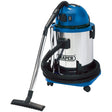 A blue and silver Draper Wet & Dry Vacuum Cleaner with Stainless Steel Tank, 50L capacity, 1400W power, 230V Power Tool Socket, attached hose, floor nozzle, HEPA filter, and mounted on wheels.