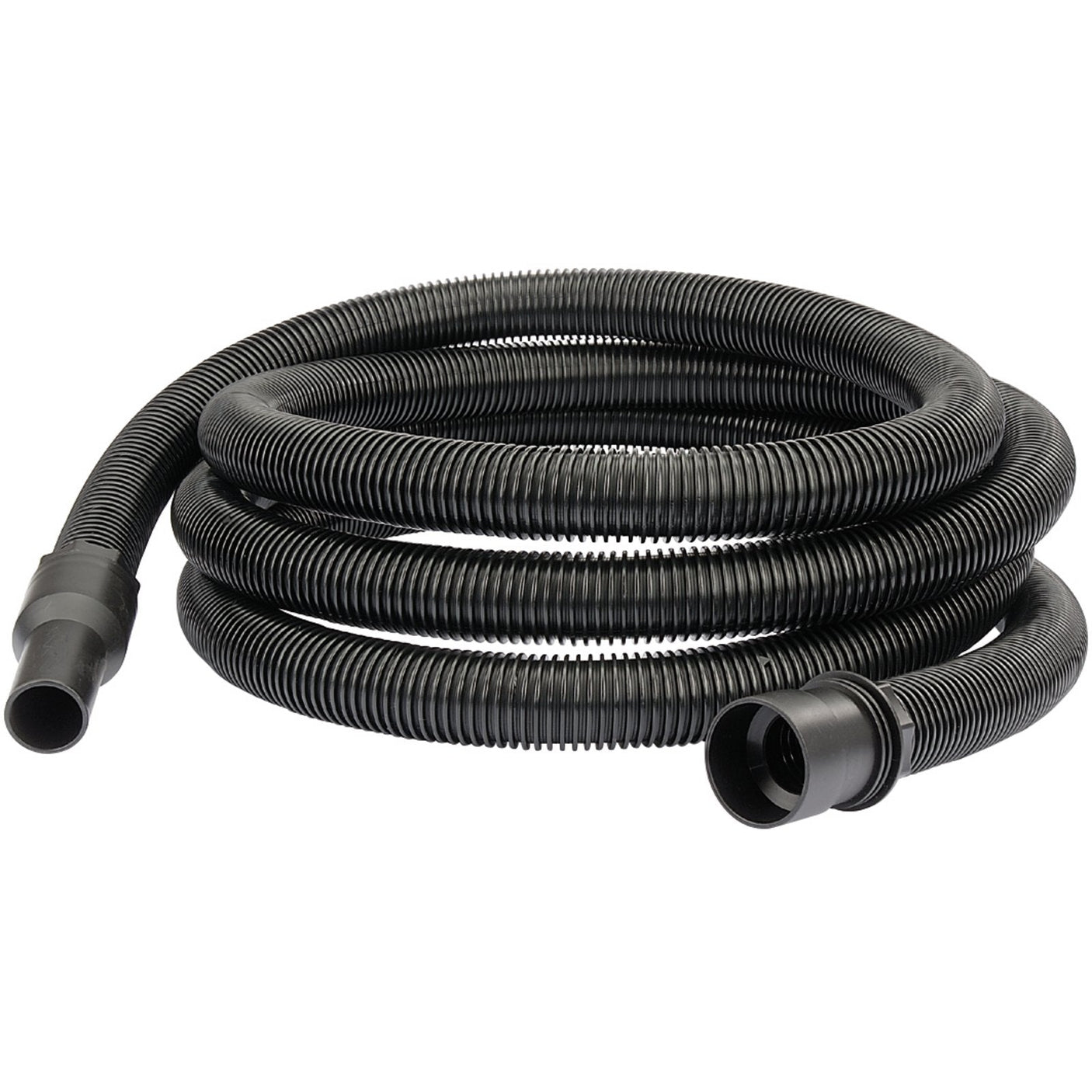 The Draper 5M Hose For S/N 48499 & 08174 - AVC35, a black corrugated vacuum hose, is coiled in a circular shape with connectors visible on both ends.