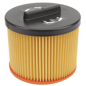 The Draper Cartridge Filter for Wdv50Ss, Wdv50Ss/110, and Swd1200 - AVC50 is a cylindrical air filter featuring a pleated paper body, an orange base, and a black plastic top with directional arrows.