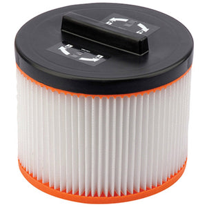 The Draper Washable Cartridge for Wdv50Ss, Wdv50Ss/110, and Swd1200 - AVC52 features a cylindrical design with black top and bottom edges in orange. The filter consists of pleated white material in the middle and includes an arrow to indicate the airflow direction.