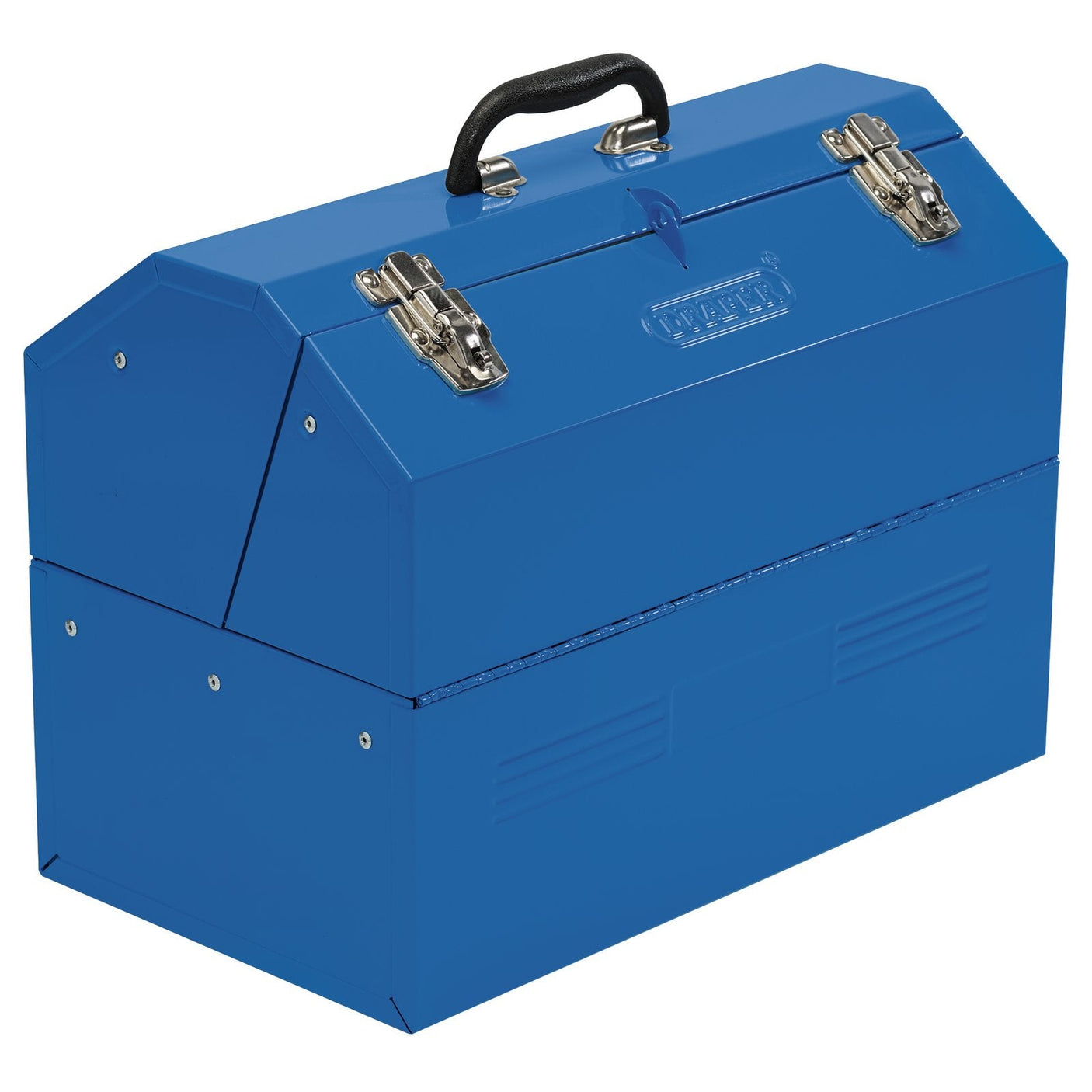 The Draper Barn Type Tool Box With 4 Cantilever Trays, 460mm - TB459B is a blue sheet steel toolbox featuring dual silver latches, a black carrying handle, and a rectangular base. It is perfect for securing tools with an optional padlock.