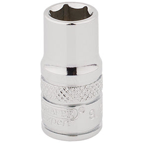 A Draper Hi-Torq® 6 Point Socket, 1/4" Sq. Dr., 9/32", made from chrome vanadium steel with an extra grip and the Draper logo engraved on the side.