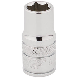 A Draper Hi-Torq® 6 Point Socket, 1/4" Sq. Dr., 9/32", made from chrome vanadium steel with an extra grip and the Draper logo engraved on the side.