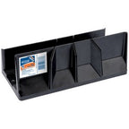 A Draper Maxi Mitre Box in black, made from recycled plastic, featuring multiple sections and a label on the side, dimensions 320 X 100 X 120mm.