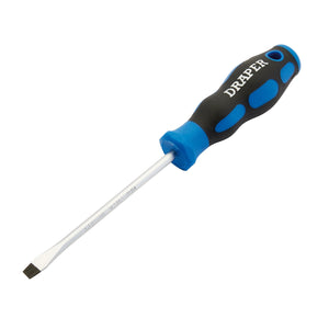 A flathead screwdriver labeled "Draper Soft Grip Plain Slot Screwdriver," measuring 5.0 x 100mm, featuring a black and blue soft grip handle and a satin chrome plated finish.