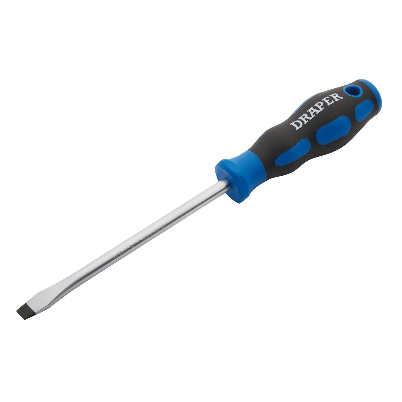 A plain slot screwdriver labeled "Draper Soft Grip Plain Slot Screwdriver, 8.0 X 150mm - 865," with a black and blue soft grip handle and a silver shaft crafted from chrome vanadium steel.