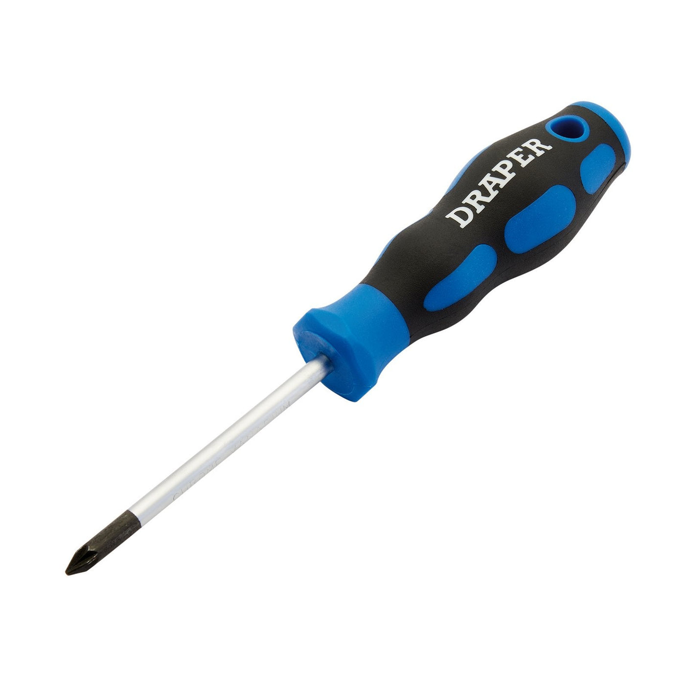 A Draper Soft Grip Pz Type Screwdriver, No.1 X 75mm - 865PZ with a blue and black handle, featuring chrome vanadium steel blades and the brand name "Draper" on the handle.