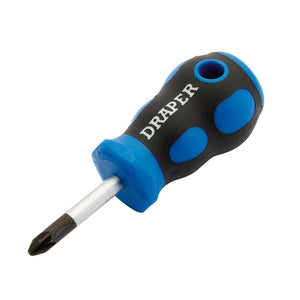 A Draper Soft Grip Pz Type Screwdriver, No.2 X 38mm - 865PZ, featuring a black and blue ergonomic handle with a soft grip, made from durable chrome vanadium steel.