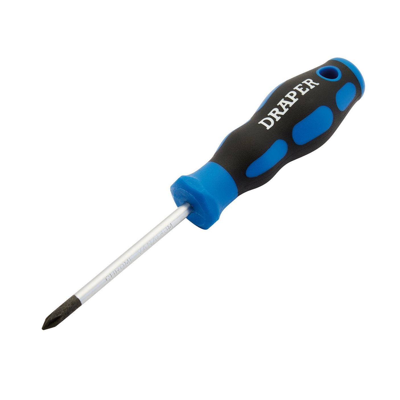 A Draper Soft Grip Cross Slot Screwdriver, No.1 X 75mm - 865CS, featuring a blue and black-handled Phillips design with a soft grip handle and the brand name "Draper" printed on it. Made of durable chrome vanadium steel, this tool comes display packed for your convenience.