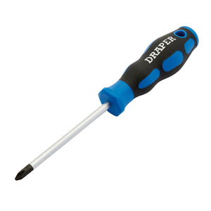 A Draper Soft Grip Cross Slot Screwdriver, No.2 X 100mm - 865CS, featuring a blue and black soft grip handle and made from chrome vanadium steel.