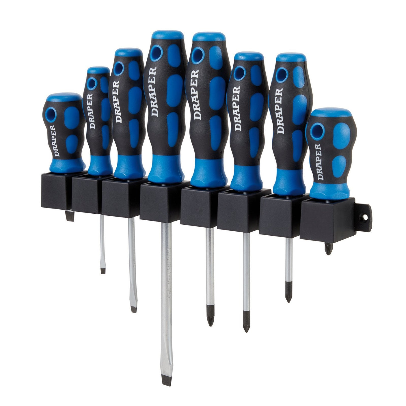 A set of eight screwdrivers with blue and black soft grip handles, organized on a wall-mountable storage rack, branded as the "Draper Soft Grip Screwdriver Set (8 Piece) - 865/8.”