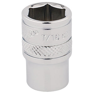 The Draper Hi-Torq® 6 Point Socket, 1/4" Sq. Dr., 7/16" - B-AF, made from durable chrome vanadium steel and featuring a knurled grip band and hexagonal opening, is perfect for tightening or loosening nuts and bolts.