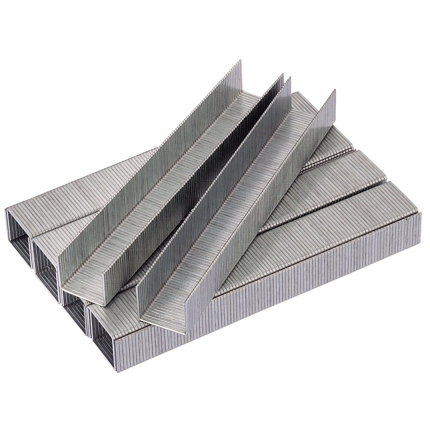 A stack of Draper Steel Staples, 10 x 11.3mm (Pack of 1000) - 10010, arranged in a crisscross pattern, isolated on a white background.