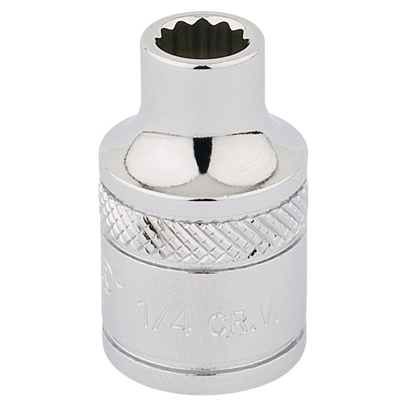 The Draper Hi-Torq® 12 Point Socket, 3/8" Sq. Dr., 1/4" - D-AF is made from chrome vanadium steel and features a knurled ring for grip and a 12-point opening.