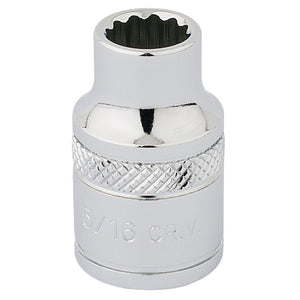 The Draper Hi-Torq® 12 Point Socket, 3/8" Sq. Dr., 5/16" - D-AF is crafted from durable chrome vanadium steel, featuring a polished finish and a knurled ring grip section, designed for use with a ratchet or driver.