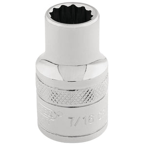 The Draper Hi-Torq® 12 Point Socket, 3/8" Sq. Dr., 7/16" - D-AF features a shiny chrome vanadium steel construction with a knurled ring and an internal twelve-point design for gripping fasteners.