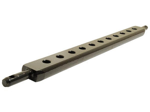 A black metal tool known as the Sparex Flat Drawbar (Cat. 2) features a rectangular body with nine evenly spaced circular holes along its 940mm length and comes with a hexagonal fitting at each end.