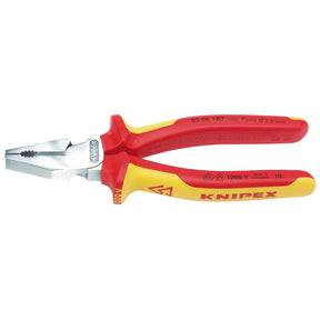 Draper Knipex 02 06 180 Fully Insulated High Leverage Combination Pliers, featuring a steel gripping head and sharp cutting edges, with red and yellow insulated handles for electrical work. These professional quality pliers are designed for safety.