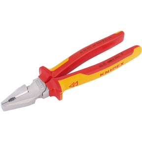 A pair of Draper Knipex 02 06 225 Fully Insulated High Leverage Combination Pliers, 225mm - 02 06 225 in red and yellow, perfect for cutting hard wire.