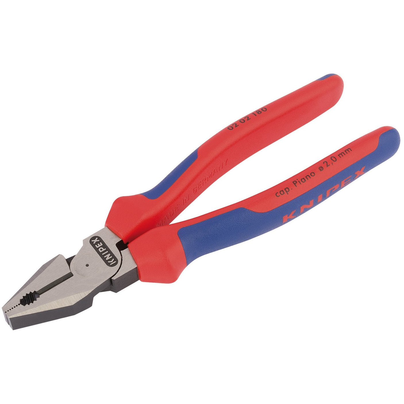 A pair of Draper Knipex 02 02 180 Sb High Leverage Combination Pliers with red and blue heavy-duty moulded handles and the brand name "Draper" visible on the grips. Crafted from high-grade tool steel, these 180mm pliers feature a high-leverage eccentric joint for superior performance.