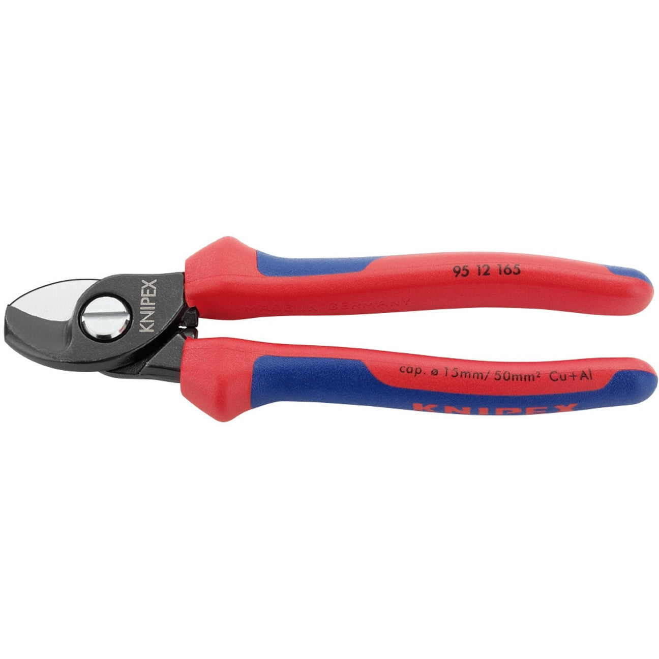 A pair of Draper Knipex 95 12 165 SB Copper or Aluminum Cable Shears with heavy-duty red and blue handles, featuring forged steel cutting edges and a cutting capacity of 15mm/50mm², suitable for copper and aluminum cables.