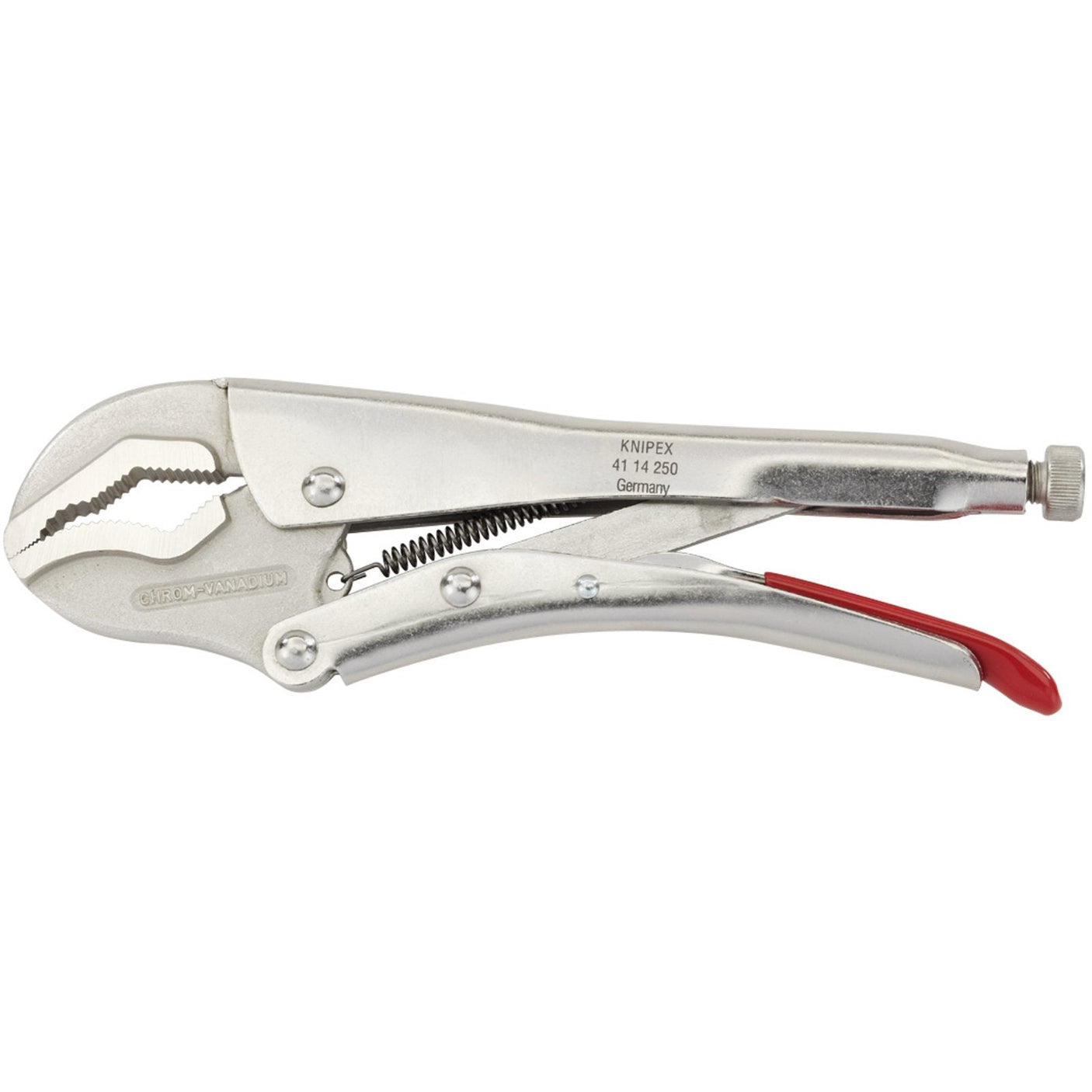 A pair of Draper Knipex 41 14 250 Prism Jaw Self Grip Pliers, measuring 250mm, crafted from chrome vanadium steel with a silver finish and red handle. It features an adjustable screw for tightening and a quick-release lever, marked with brand details KNIPEX 41 14 250 Germany.