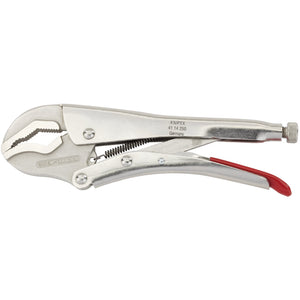 A pair of Draper Knipex 41 14 250 Prism Jaw Self Grip Pliers, measuring 250mm, crafted from chrome vanadium steel with a silver finish and red handle. It features an adjustable screw for tightening and a quick-release lever, marked with brand details KNIPEX 41 14 250 Germany.