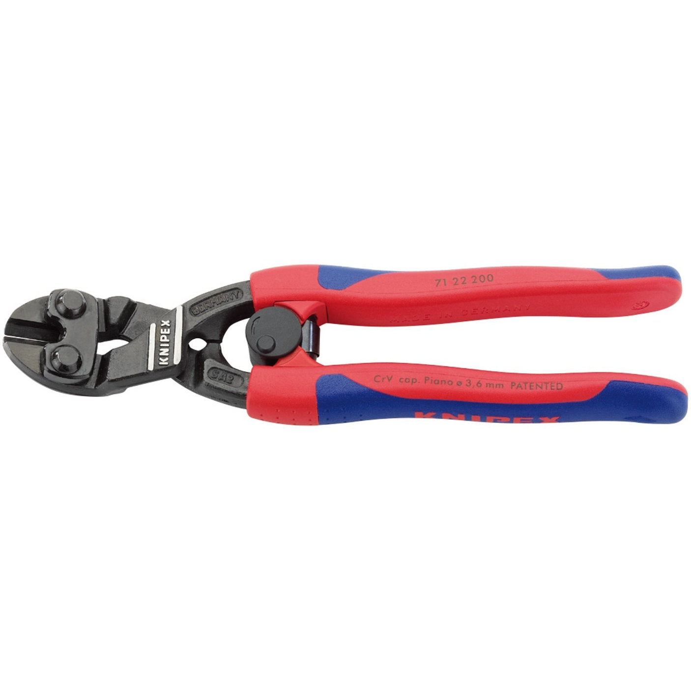 Close-up of a pair of Draper Knipex Cobolt® 71 22 200Sb Compact Bolt Cutters with a 20° angled head and sprung handles, measuring 200mm. Designed for cutting thick wires and small metal bolts, the tool is crafted from chrome vanadium electric steel and features robust cutting edges alongside heavy-duty plastic-coated handles for effective use.