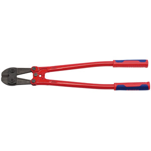 A pair of Draper Knipex 71 72 610 Bolt Cutters, measuring 610mm, with red handles and a black cutting head, features hardened cutting edges for durability and ergonomic handles for comfortable use.