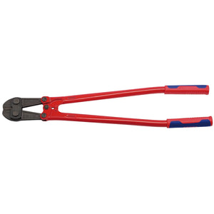 A pair of Draper Knipex 71 72 760 bolt cutters, measuring 760mm, featuring a large red body with blue ergonomic handles and precise jaw adjustment for efficiency.