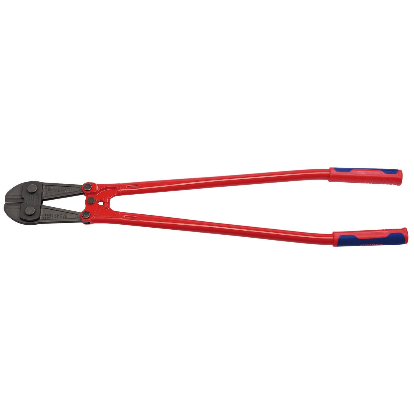 The Draper Knipex 71 72 910 Bolt Cutters, measuring 910mm, feature drop forged jaws with steel blades and red handles that are equipped with blue grips near the ends.