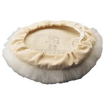 The Draper Lambswool Polishing Bonnet, 140mm - D2/A is a beige circular pad designed for waxing or polishing. It features a soft, fluffy white edge and an elastic band around the middle. Made from a premium wool blend, this bonnet is ideal for achieving a smooth finish. It comes display packed for easy retail presentation.
